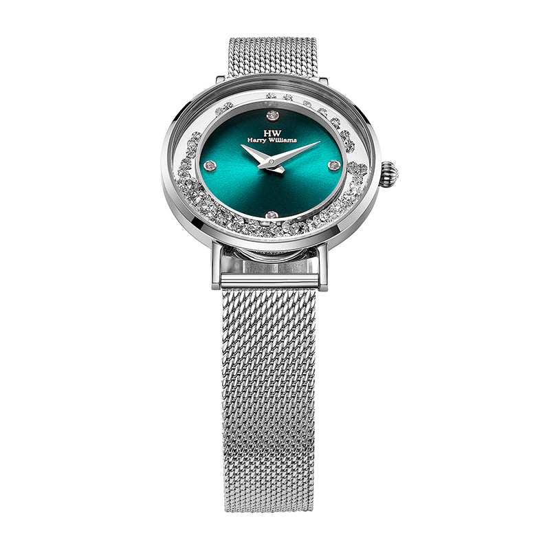 Harry williams FREEDOM OF MOVEMENT Mirrored Concentric Flowing Swarovski Diamond Elements Dial Steel Strap