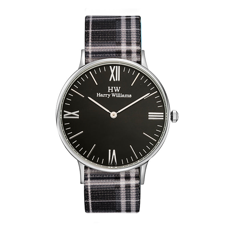 Harry Williams Roman Stud Checkered Nylon Strap Casual Women's Watch