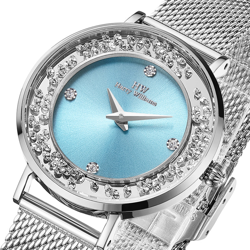 Harry williams FREEDOM OF MOVEMENT Mirrored Concentric Flowing Swarovski Diamond Elements Dial Steel Strap