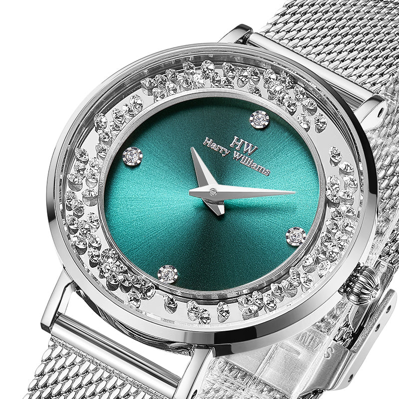 Harry williams FREEDOM OF MOVEMENT Mirrored Concentric Flowing Swarovski Diamond Elements Dial Steel Strap