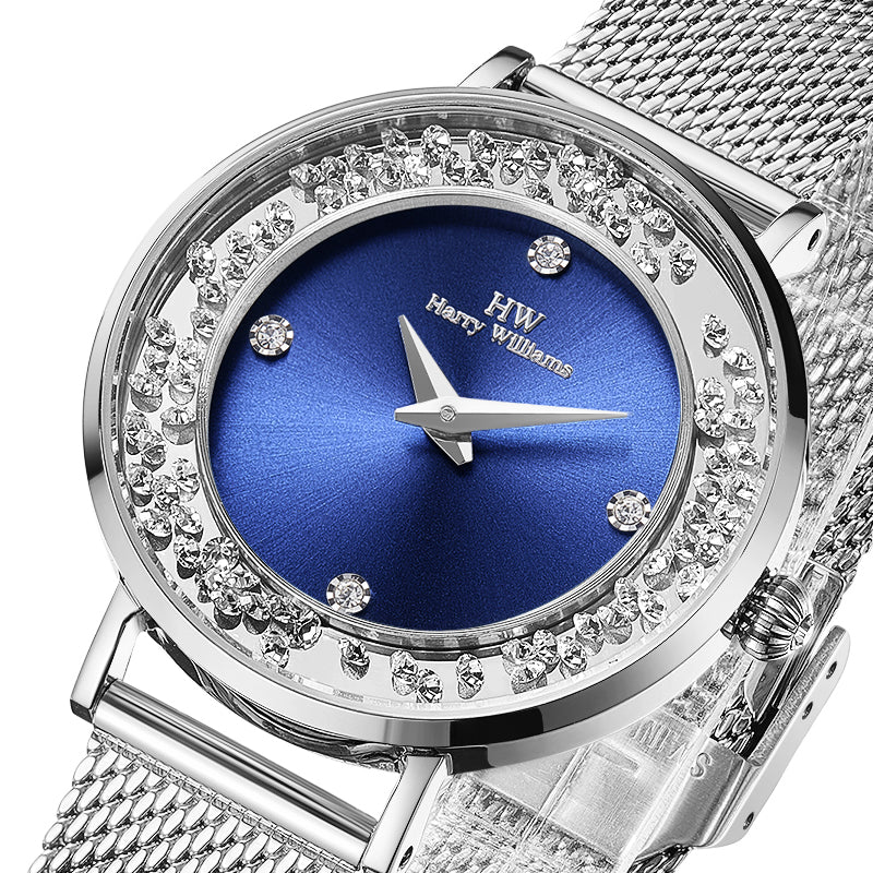 Harry williams FREEDOM OF MOVEMENT Mirrored Concentric Flowing Swarovski Diamond Elements Dial Steel Strap