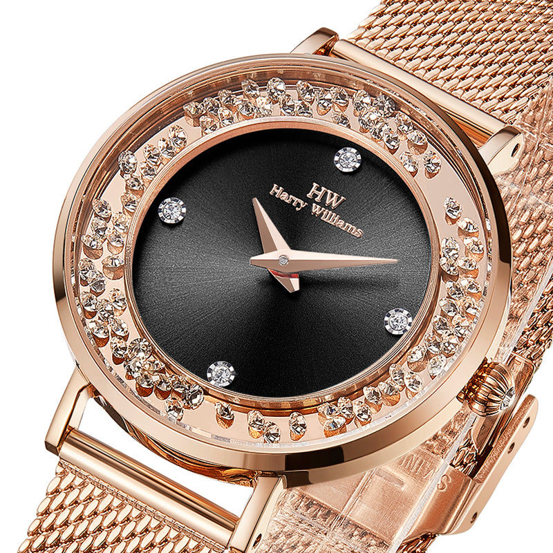 Harry williams FREEDOM OF MOVEMENT Mirrored Concentric Flowing Swarovski Diamond Elements Dial Steel Strap